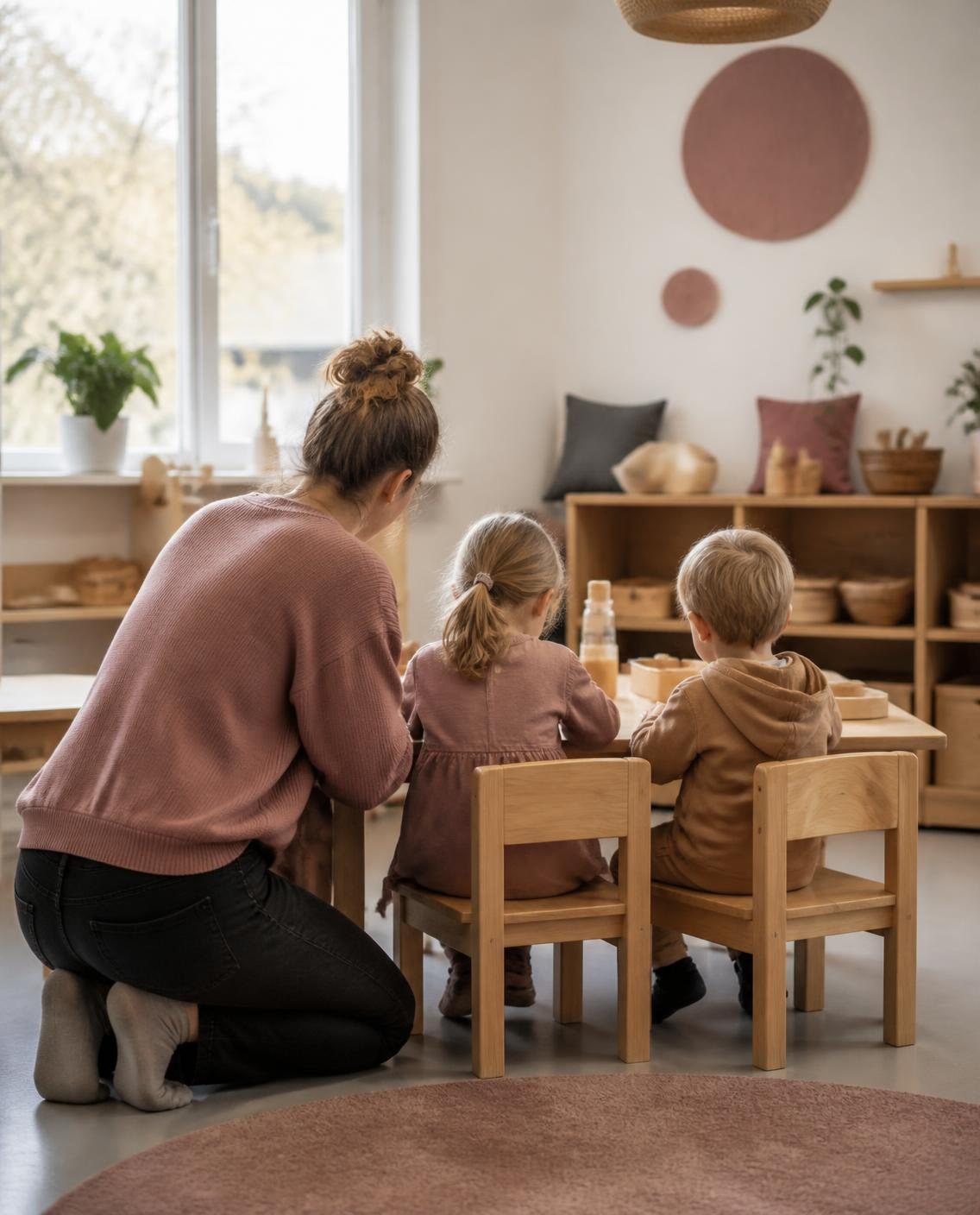 Pädagogin begleitet zwei Kinder an einem Kindertisch